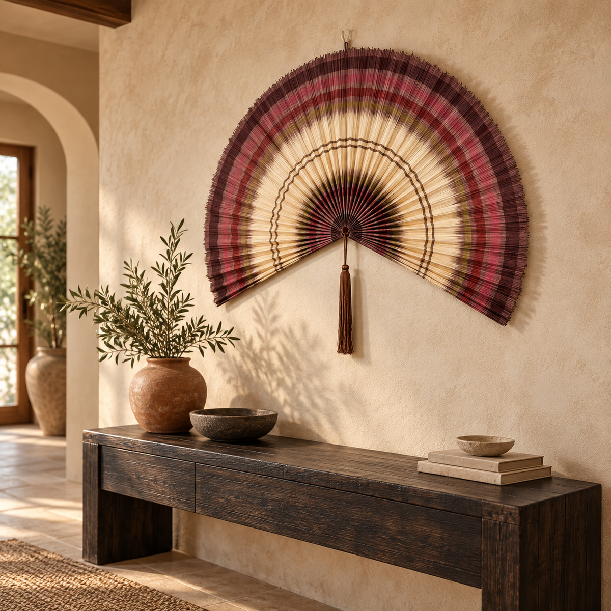 Burgundy & Natural Striped woven wall fan shown from an angled view
