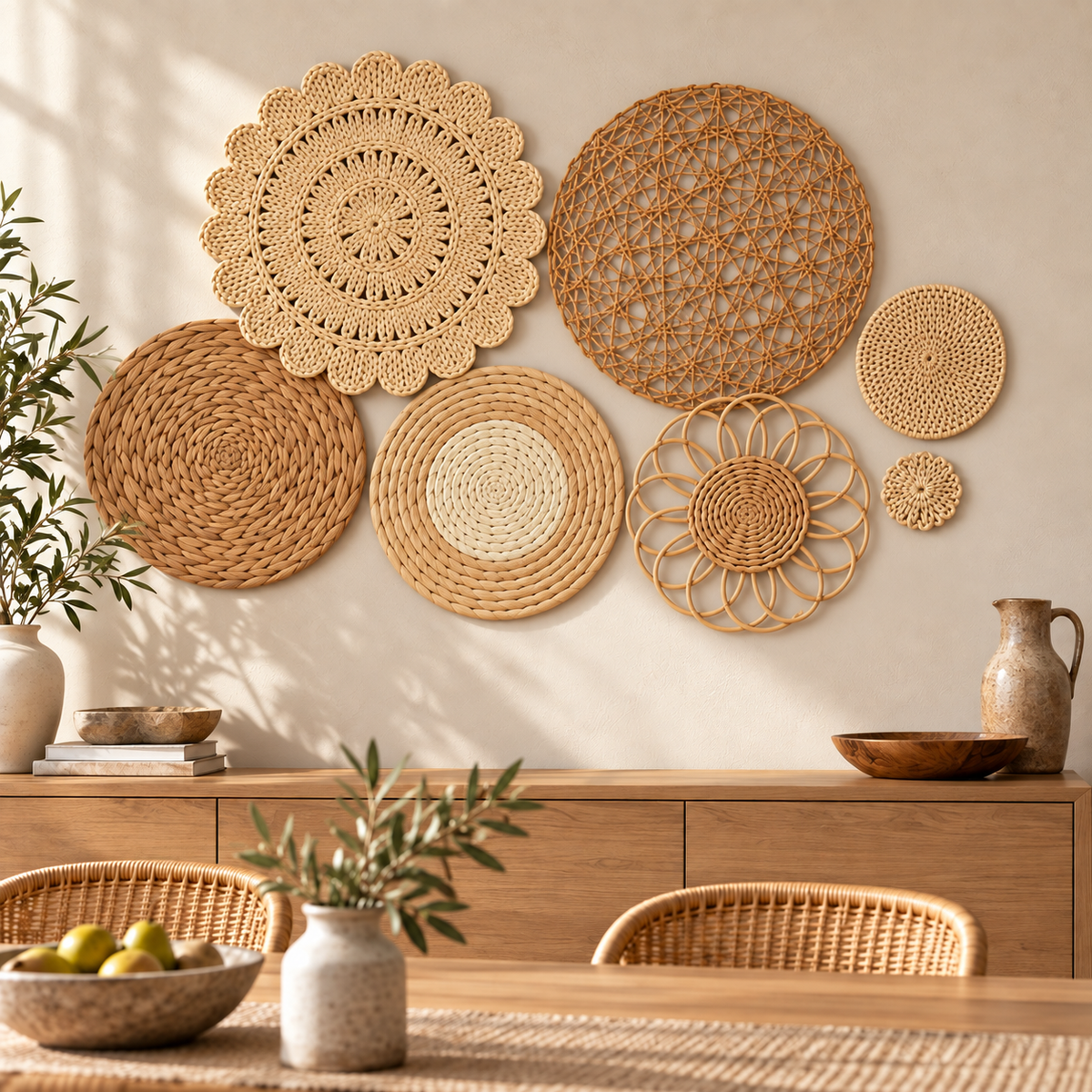 Rattan woven wall basket set displayed in a dining room
