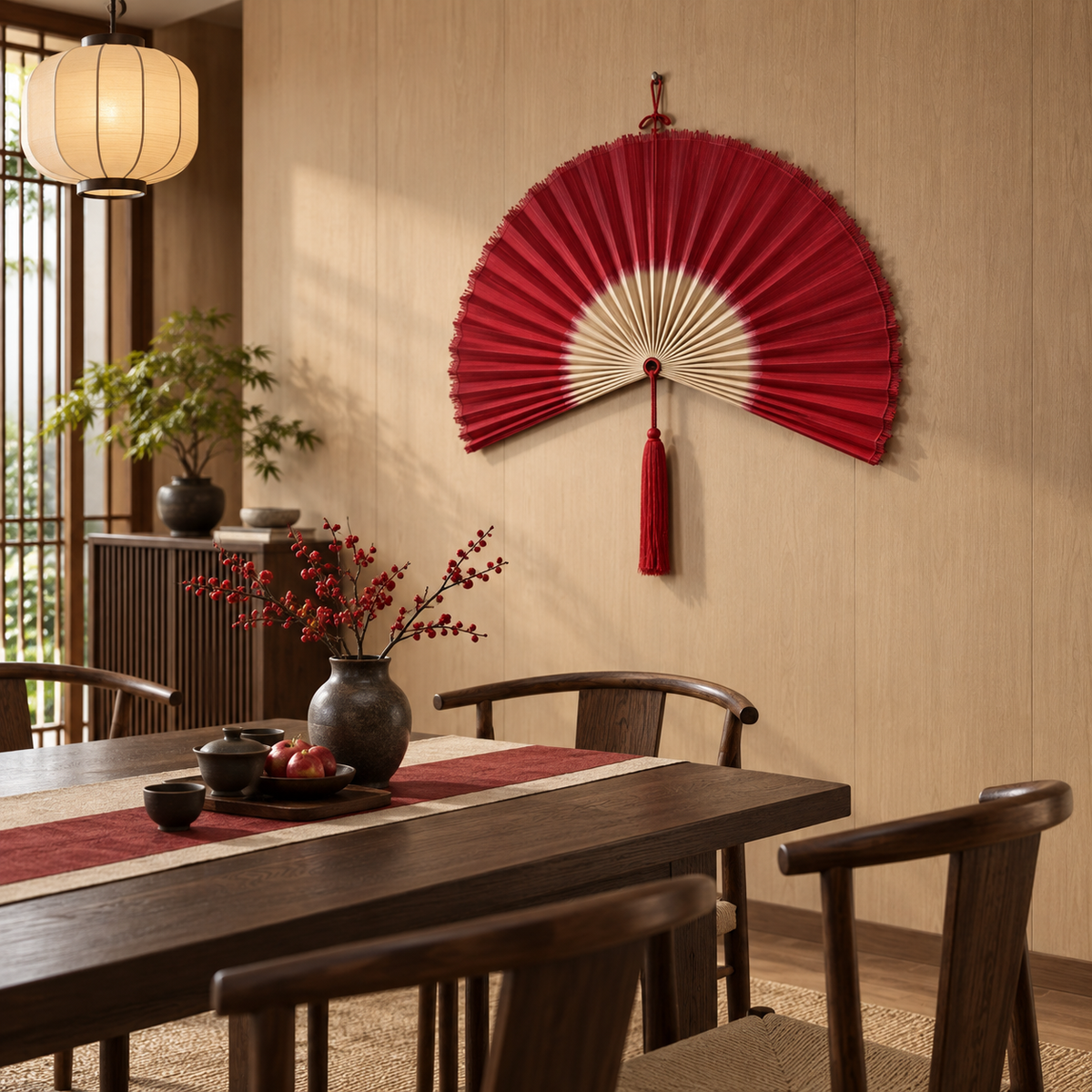 Red & Natural woven wall fan shown from an angled view