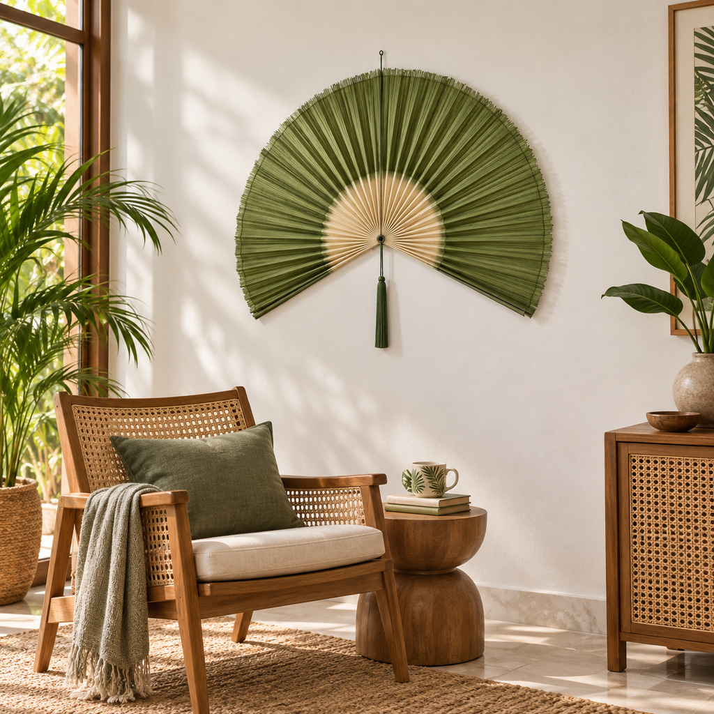 Olive Green & Natural woven wall fan shown from an angled view