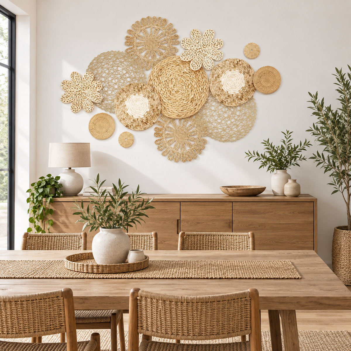 Natural woven wall basket set displayed in a dining room