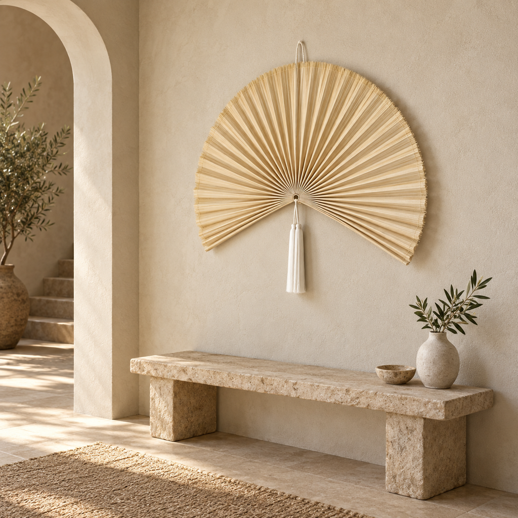 Natural Beige woven wall fan shown from an angled view