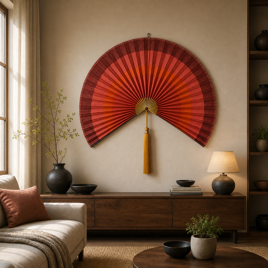 Red Orange Gradient Bamboo Wall Fan with Yellow Tassels