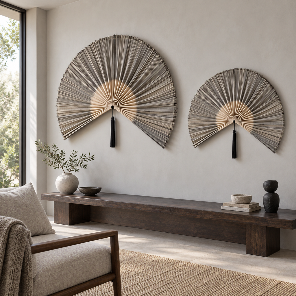 Oblique view showing the slim woven profile of two gray bamboo wall fans