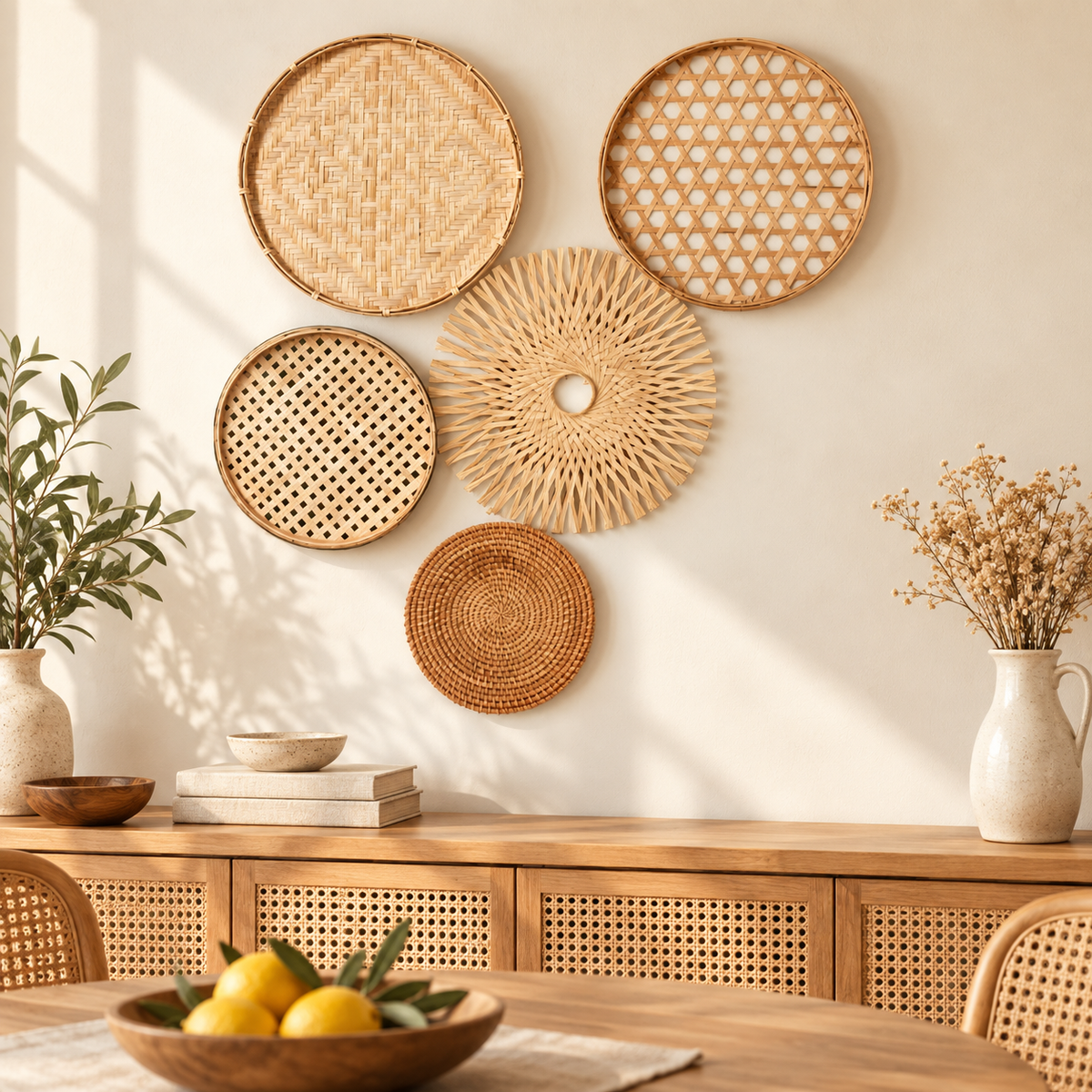 Woven bamboo wall basket set displayed in a dining room