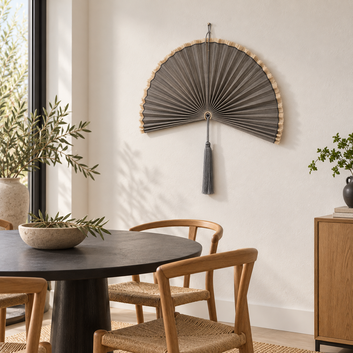 Deep Gray woven wall fan shown from an angled view