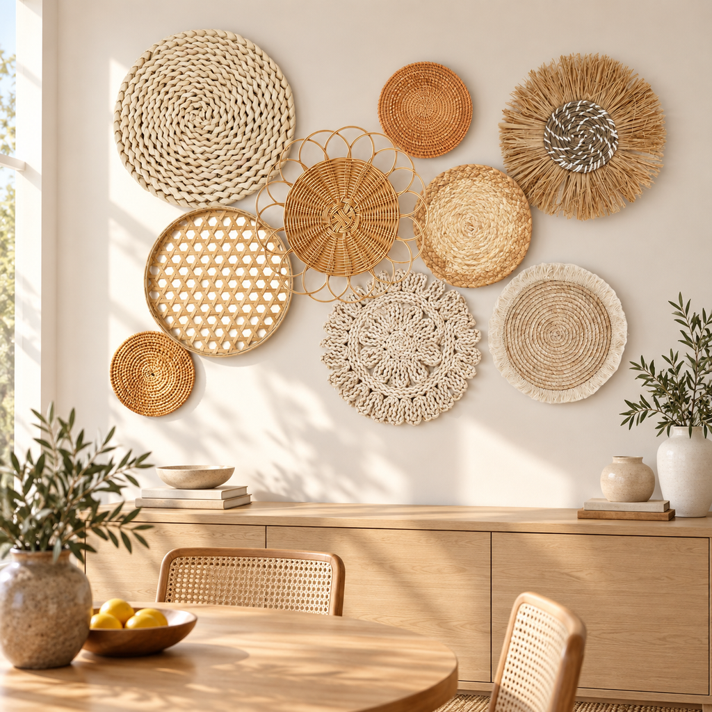 Natural floral woven wall basket set displayed in a dining room