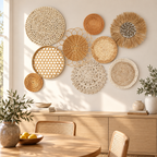 Natural floral woven wall basket set displayed in a dining room