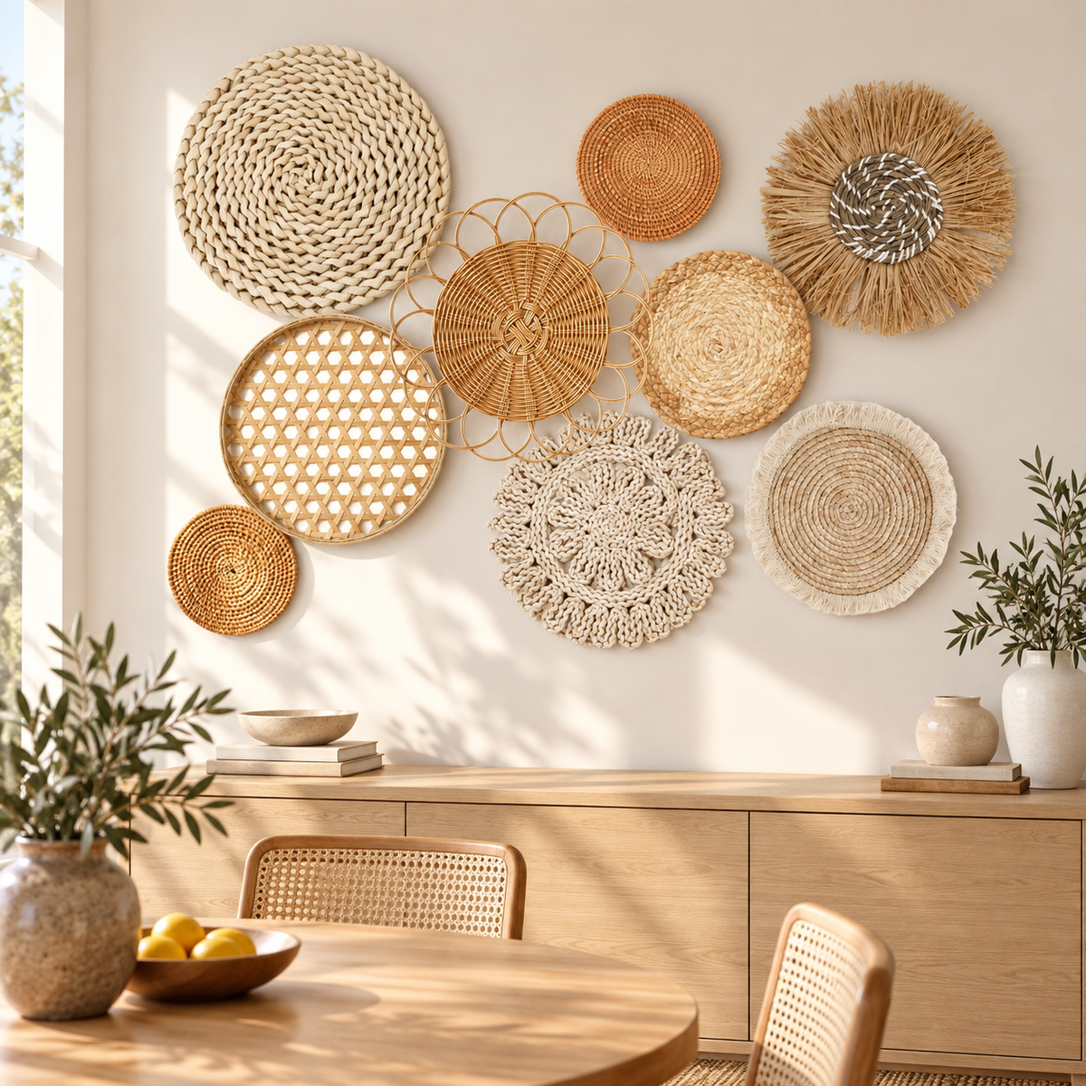 Natural floral woven wall basket set displayed in a dining room