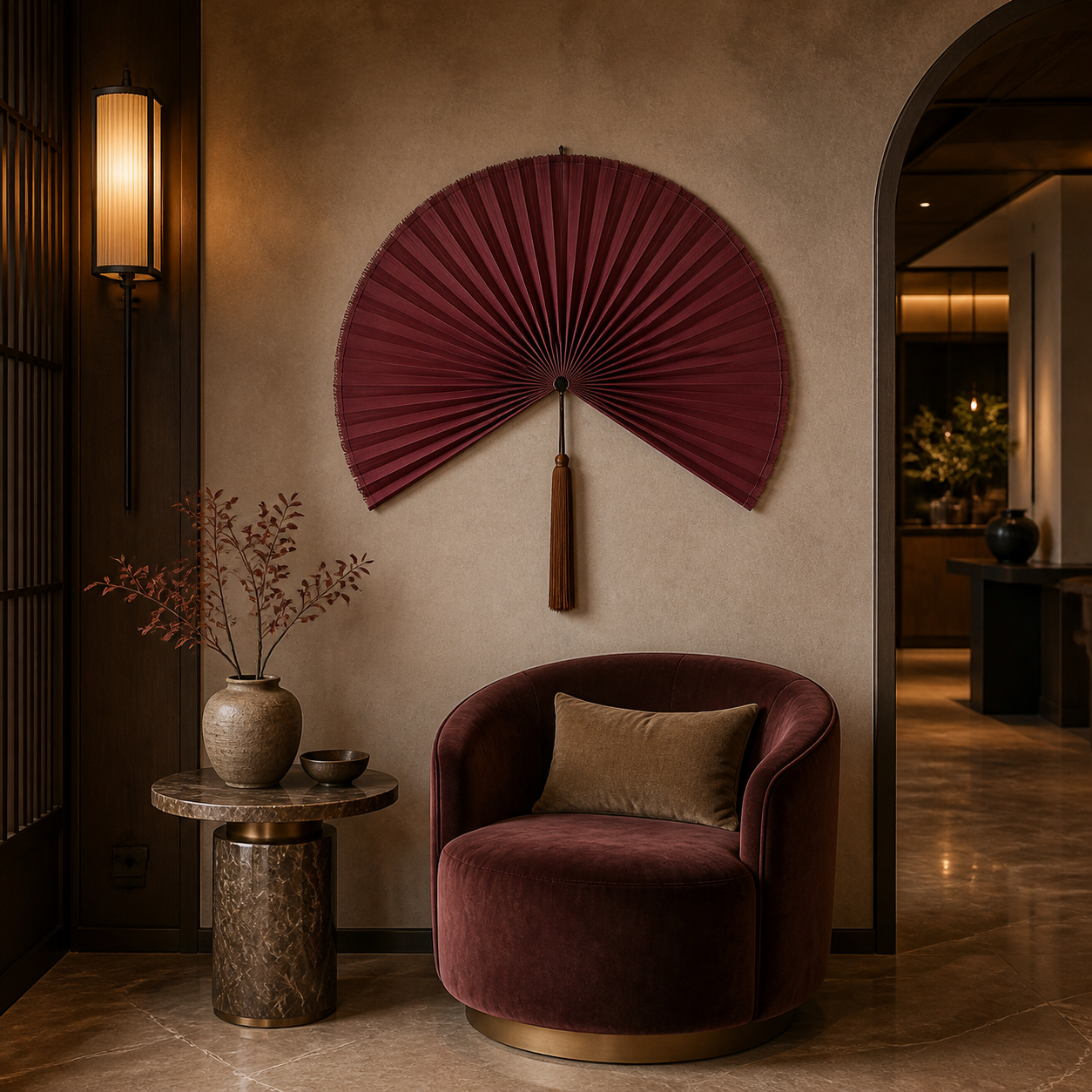 Burgundy Handwoven Bamboo Wall Fan with Brown Tassels