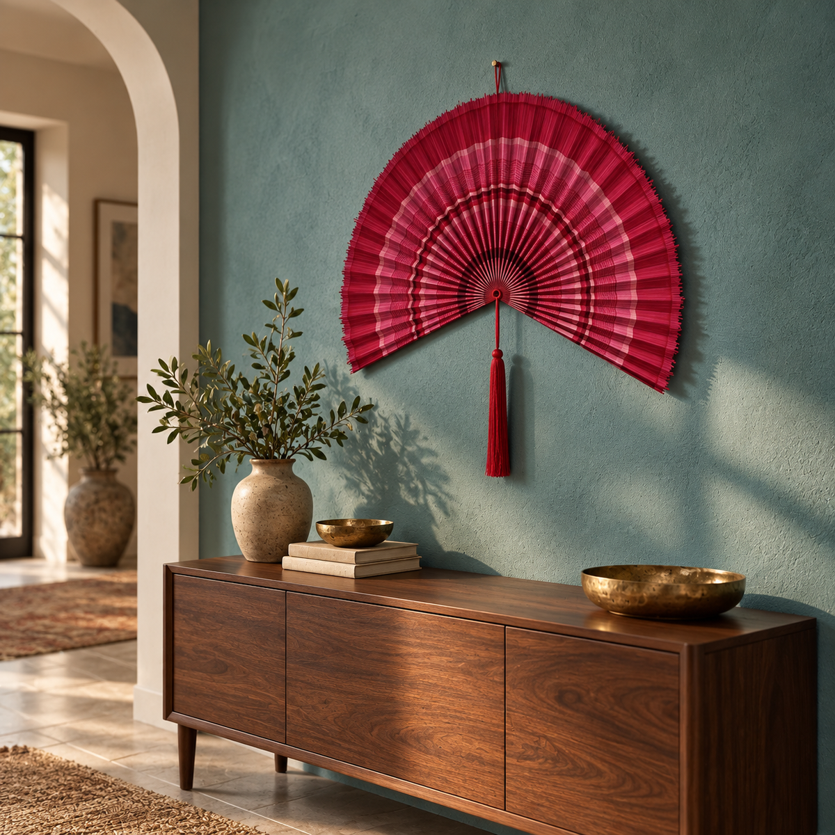 Rose Red Ombre woven wall fan shown from an angled view