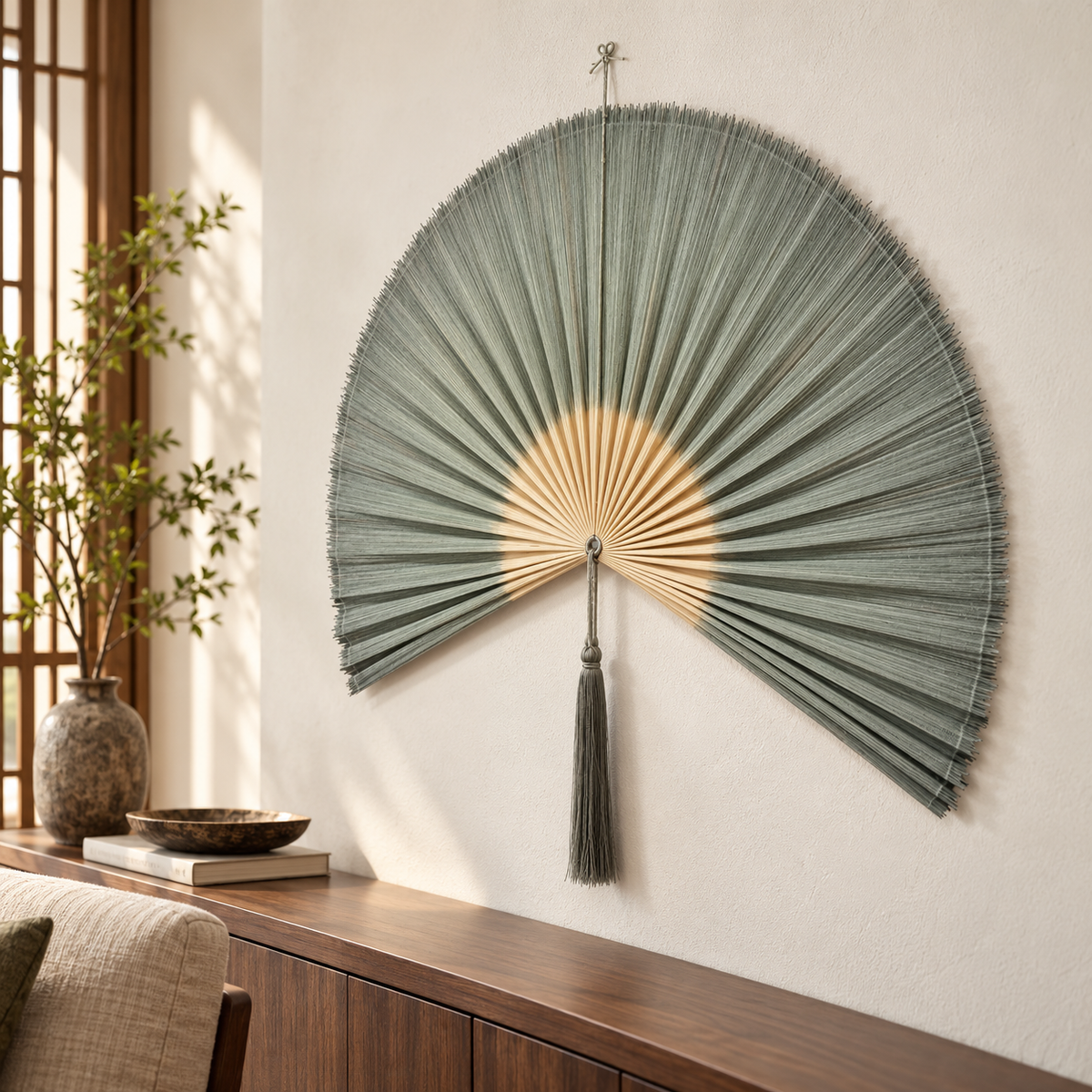 Angled view of sage green wall fan in a living room