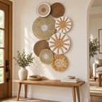 White and brown woven wall decor in a vertical entryway arrangement