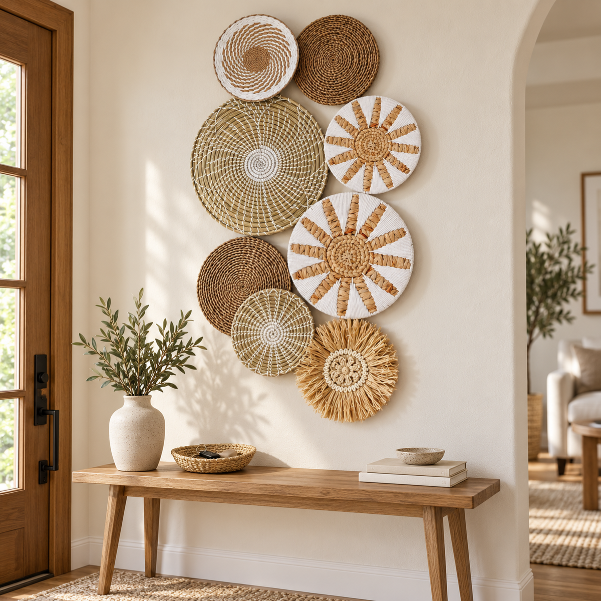 White and brown woven wall decor in a vertical entryway arrangement
