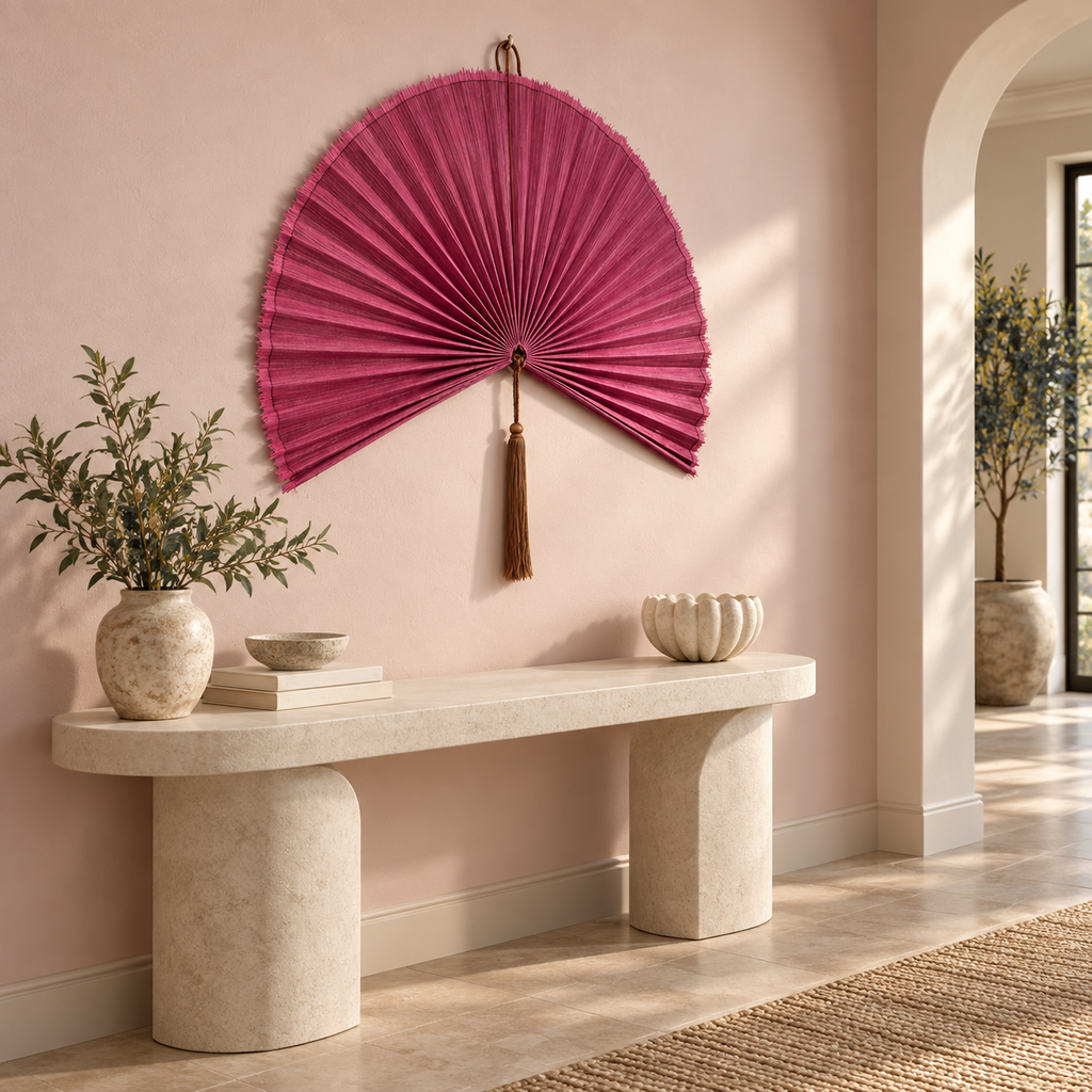 Rose Pink woven wall fan shown from an angled view