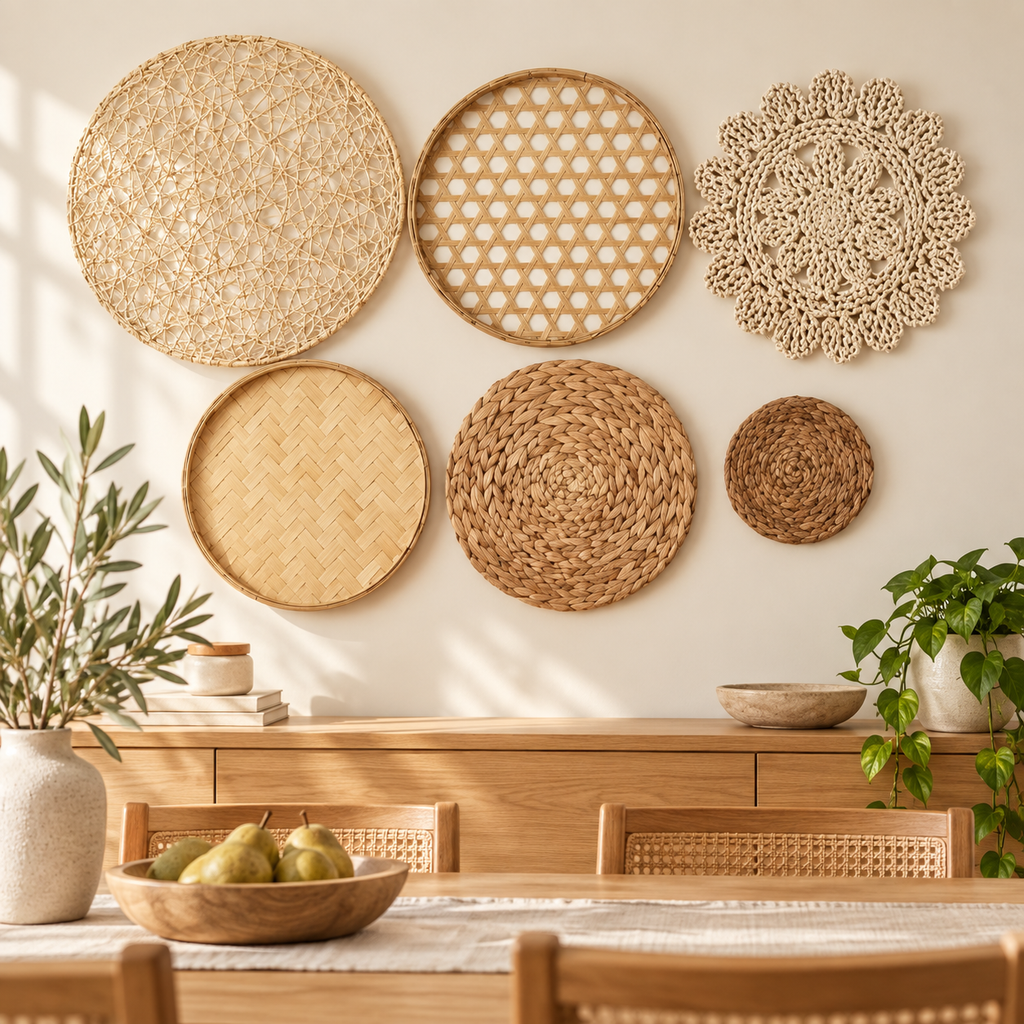 Neutral woven wall basket set displayed in a dining room