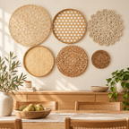 Neutral woven wall basket set displayed in a dining room