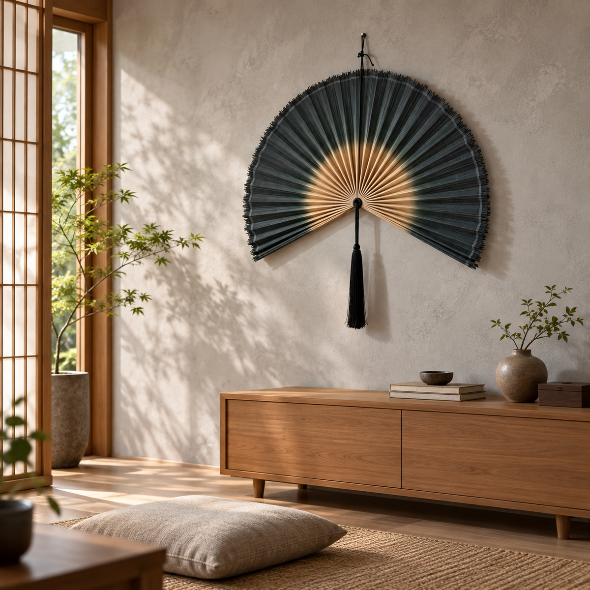 Charcoal Blue woven wall fan shown from an angled view