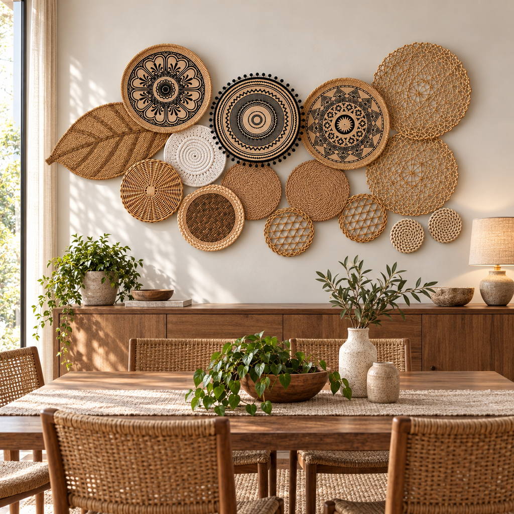 Mandala woven wall basket set displayed in a dining room