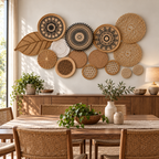 Mandala woven wall basket set displayed in a dining room