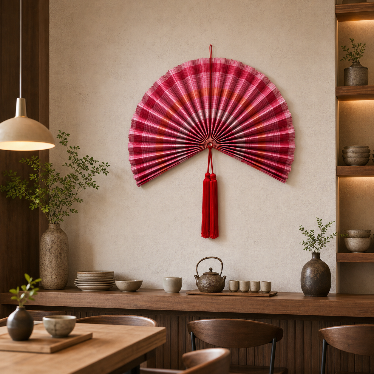 Large 30" Handcrafted Bamboo Folding Fan Wall Decor - Red Pink