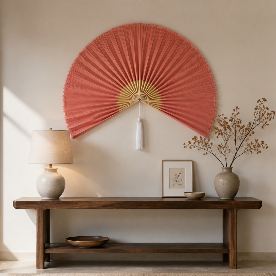 Pink Coral Handwoven Wall Fan with White Tassels