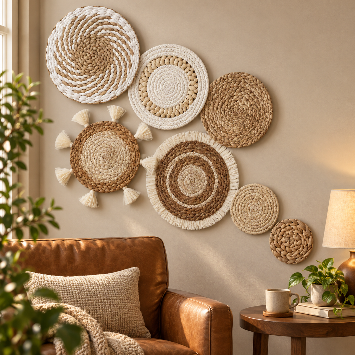 Natural fiber tassel wall decor in a cozy reading corner