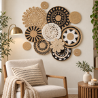 Natural fiber openwork wall decor in a reading corner