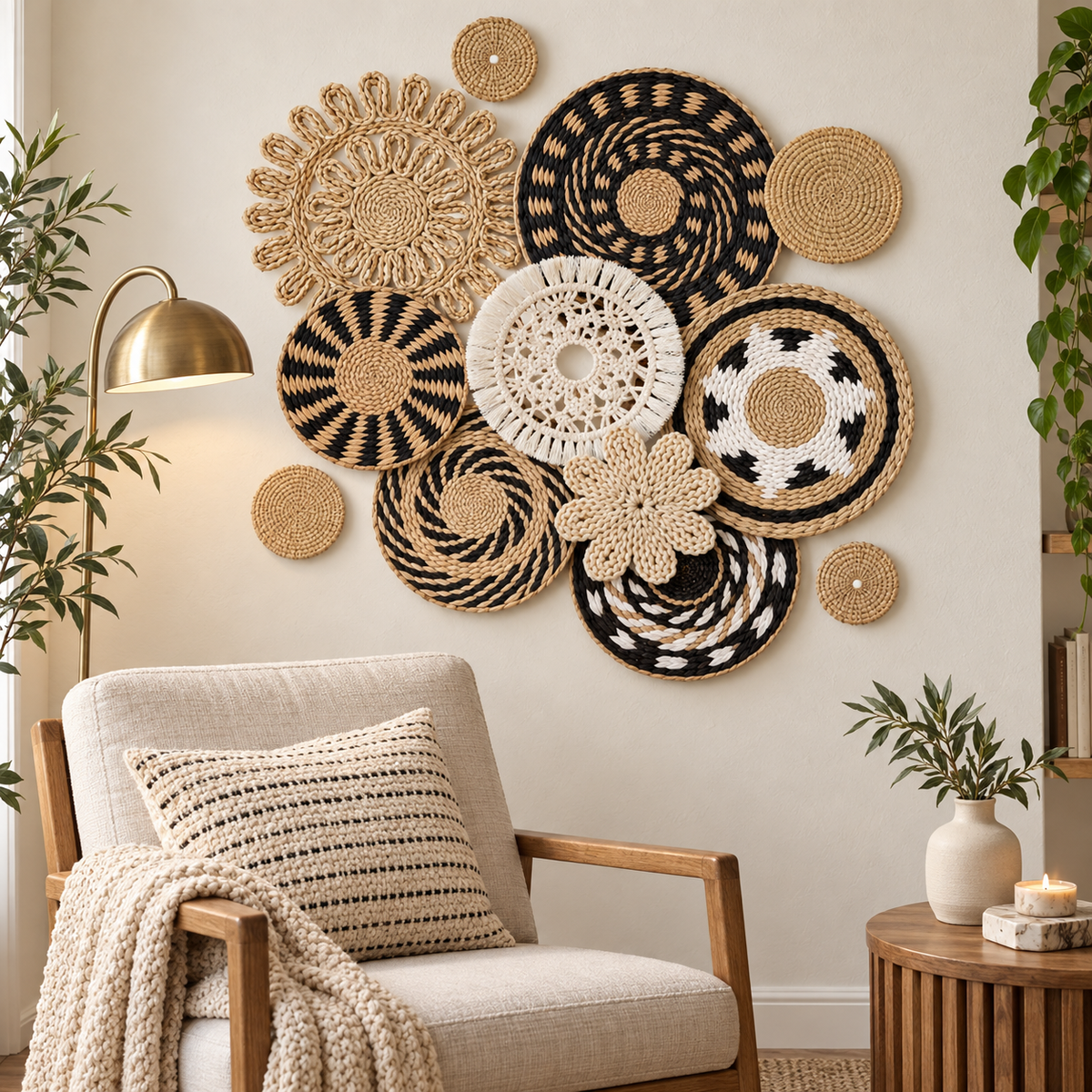 Natural fiber openwork wall decor in a reading corner