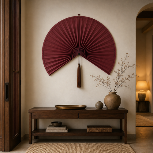 Burgundy Handwoven Bamboo Wall Fan with Brown Tassels