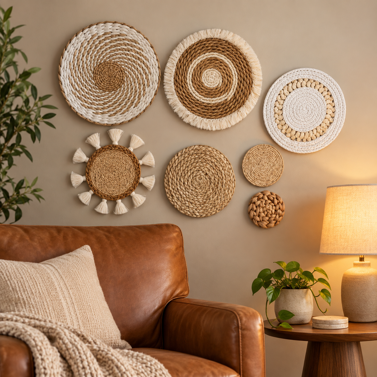Neutral natural fiber tassel wall decor in a reading corner