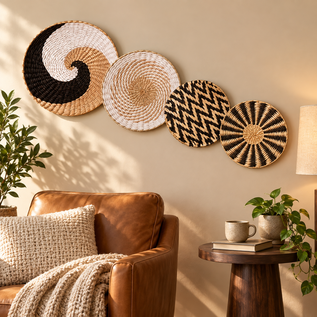 Handwoven black white and natural wall baskets in a reading nook