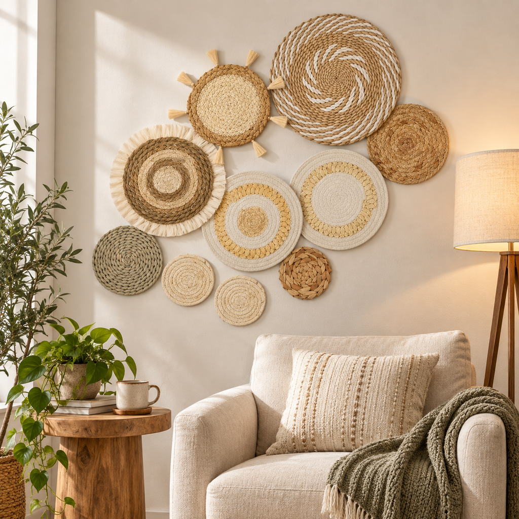 Natural fiber sage green wall decor in a cozy reading corner