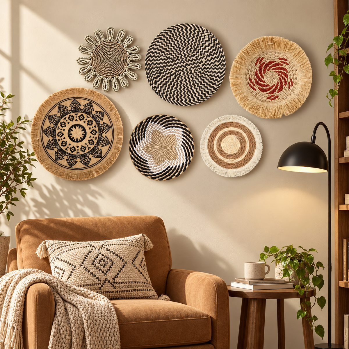 Natural fiber boho tassel wall decor in a reading corner
