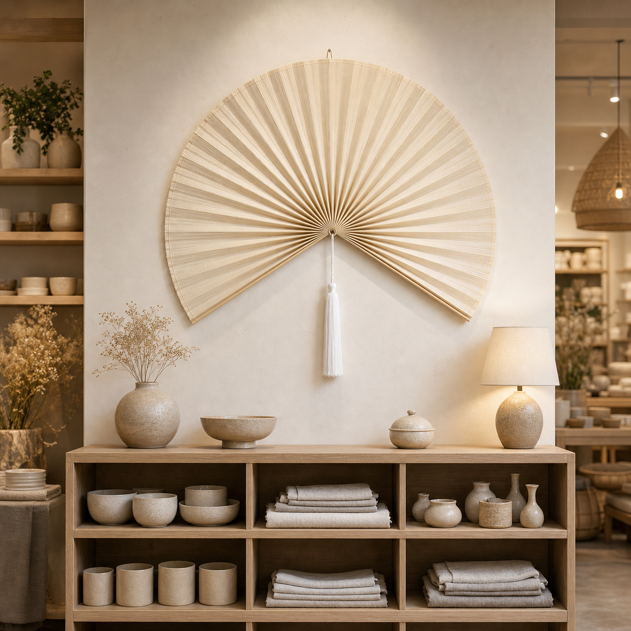 Cream White Handwoven Bamboo Wall Fan with White Tassels