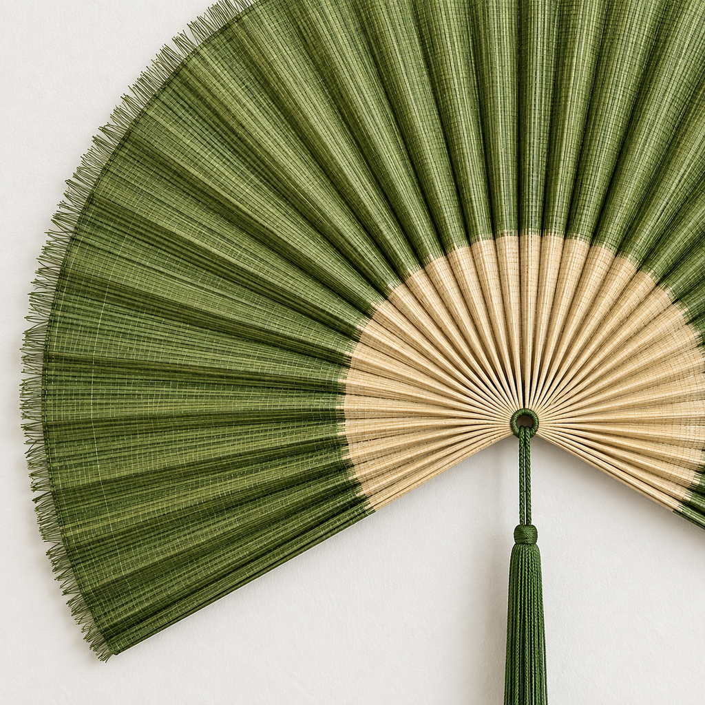 Olive Green & Natural woven wall fan texture and tassel detail
