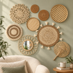Woven wall decor set textures and styling in a reading corner