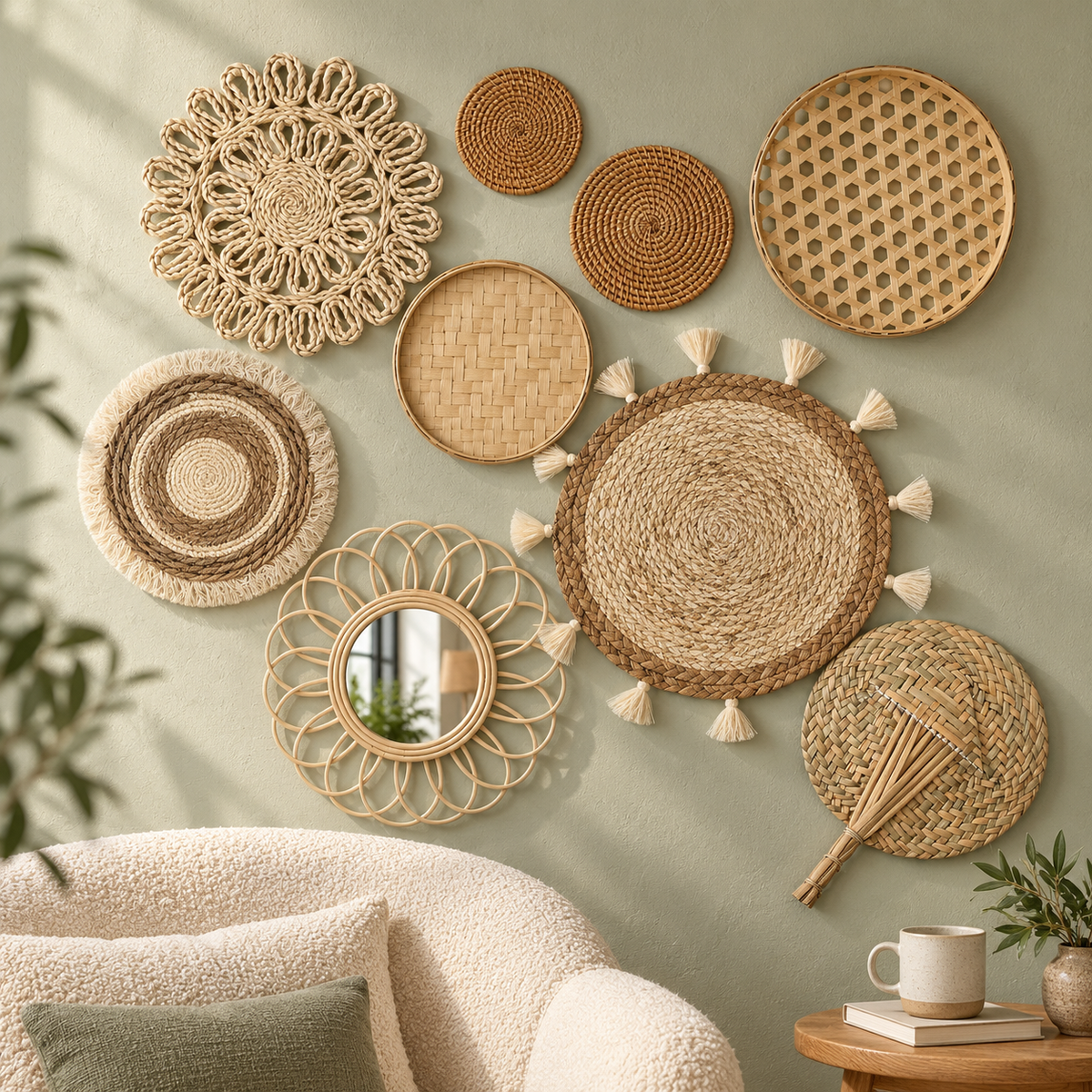 Woven wall decor set textures and styling in a reading corner
