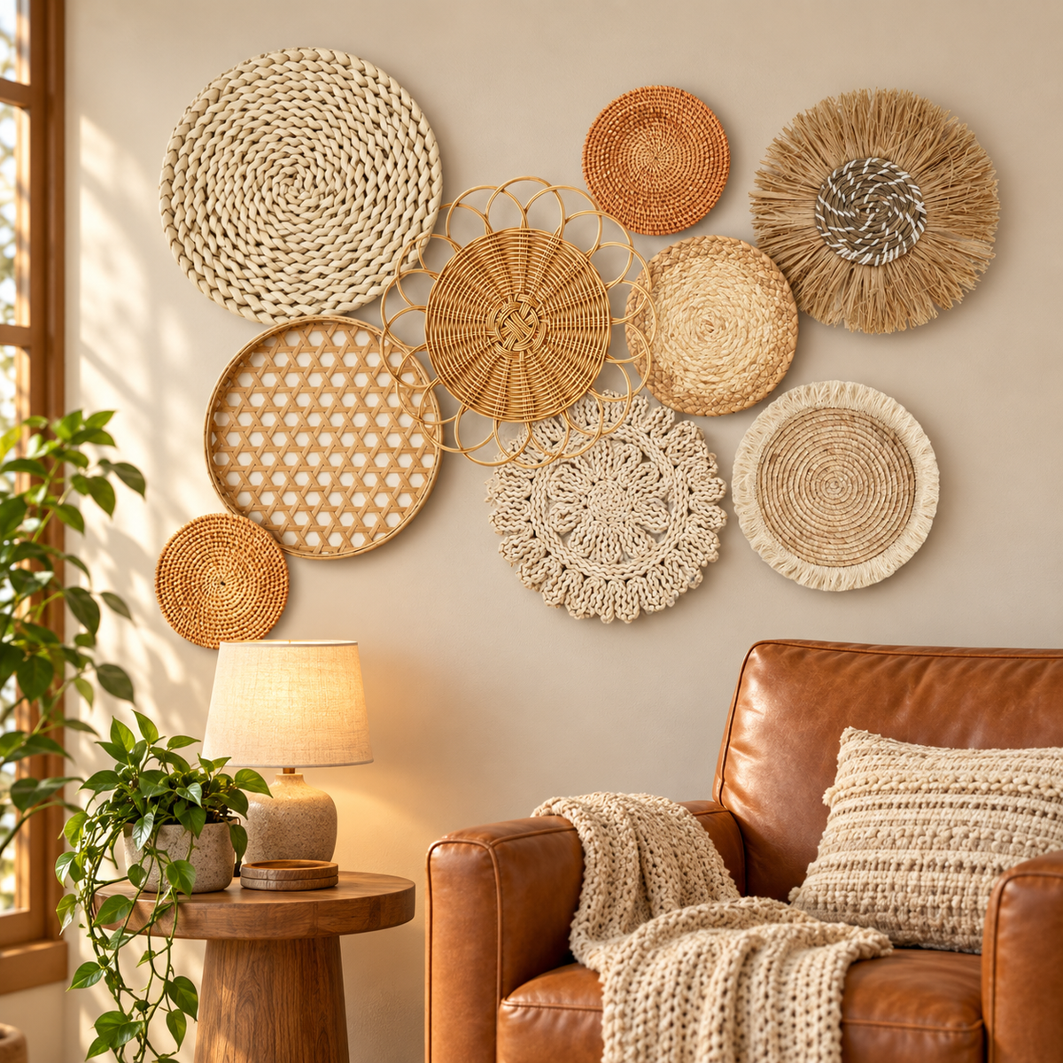 Natural fiber floral wall decor in a cozy reading corner