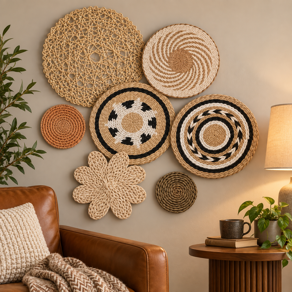 Natural fiber geometric wall decor in a cozy reading corner