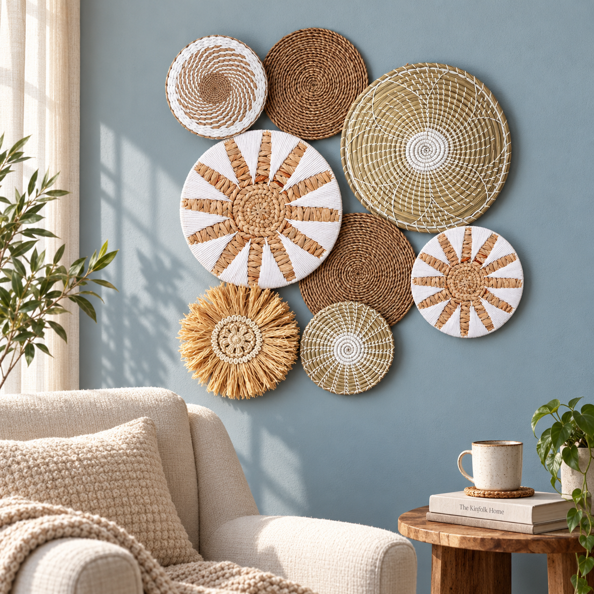Close view of woven sunburst spiral and fringed wall accents