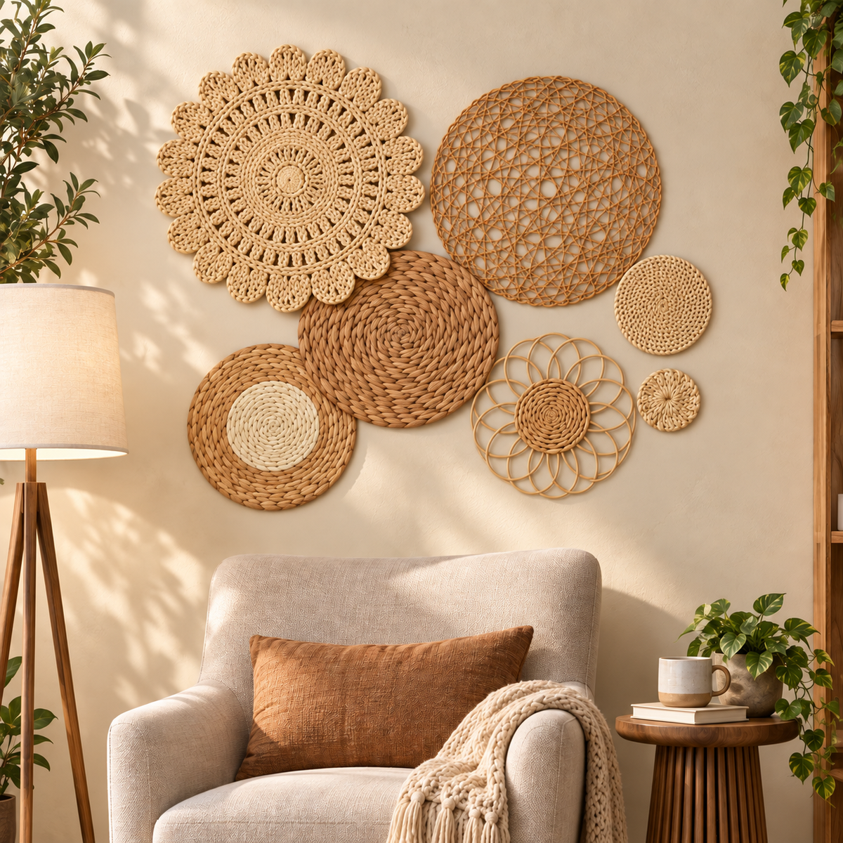 Natural fiber floral wall decor in a cozy reading corner