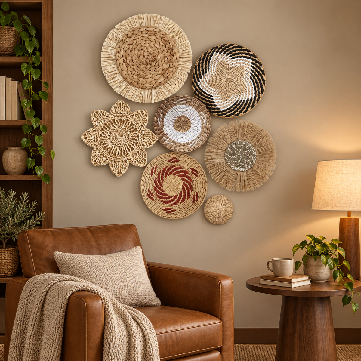 Natural fiber tribal wall decor in a cozy reading corner