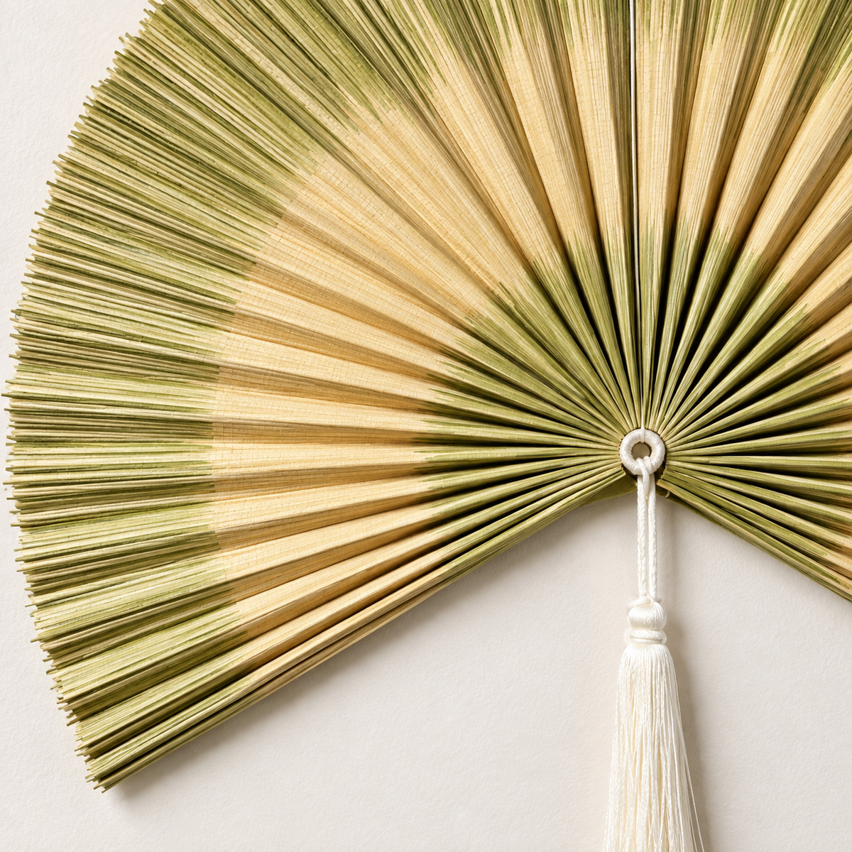 Light Olive Striped woven wall fan texture and tassel detail