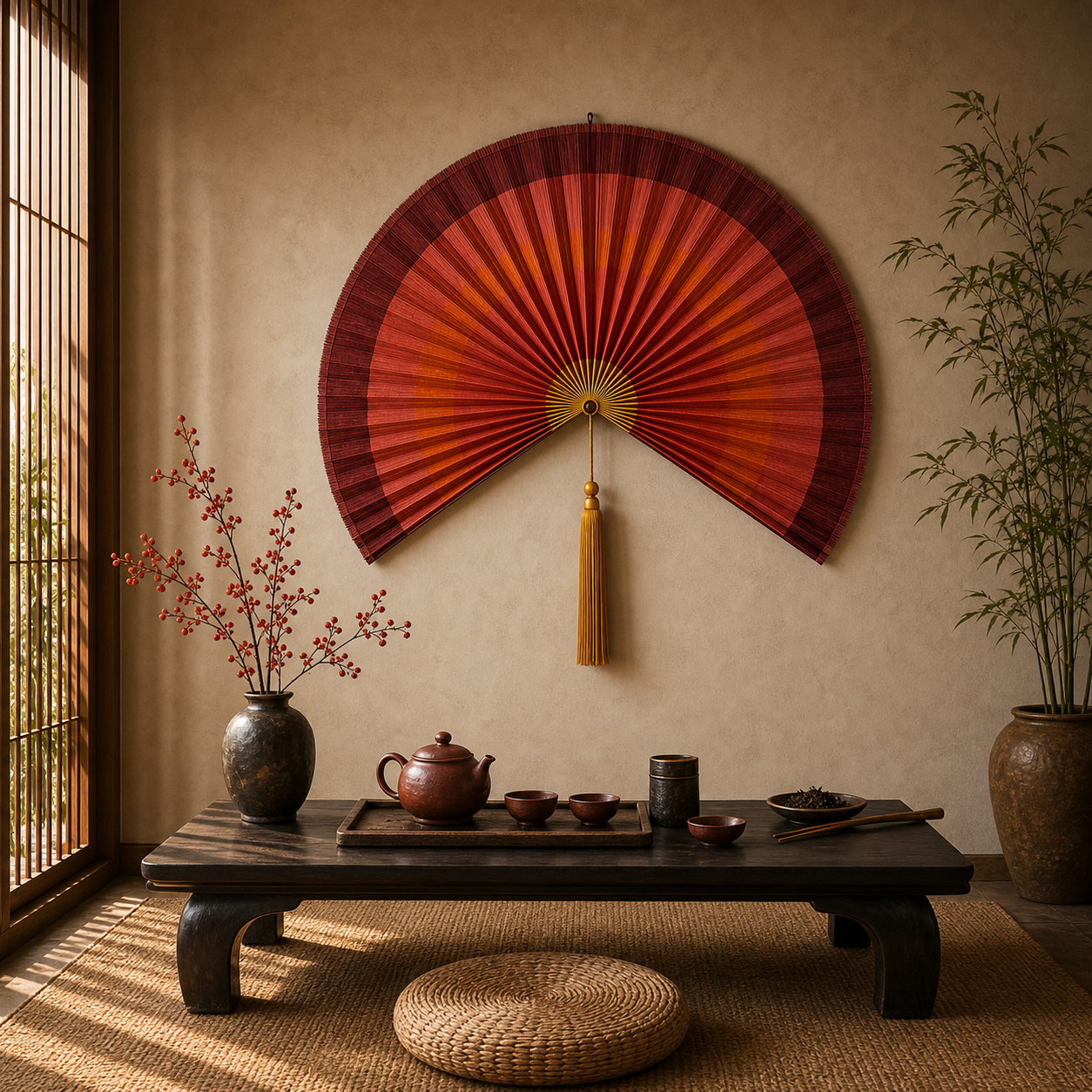 Red Orange Gradient Bamboo Wall Fan with Yellow Tassels
