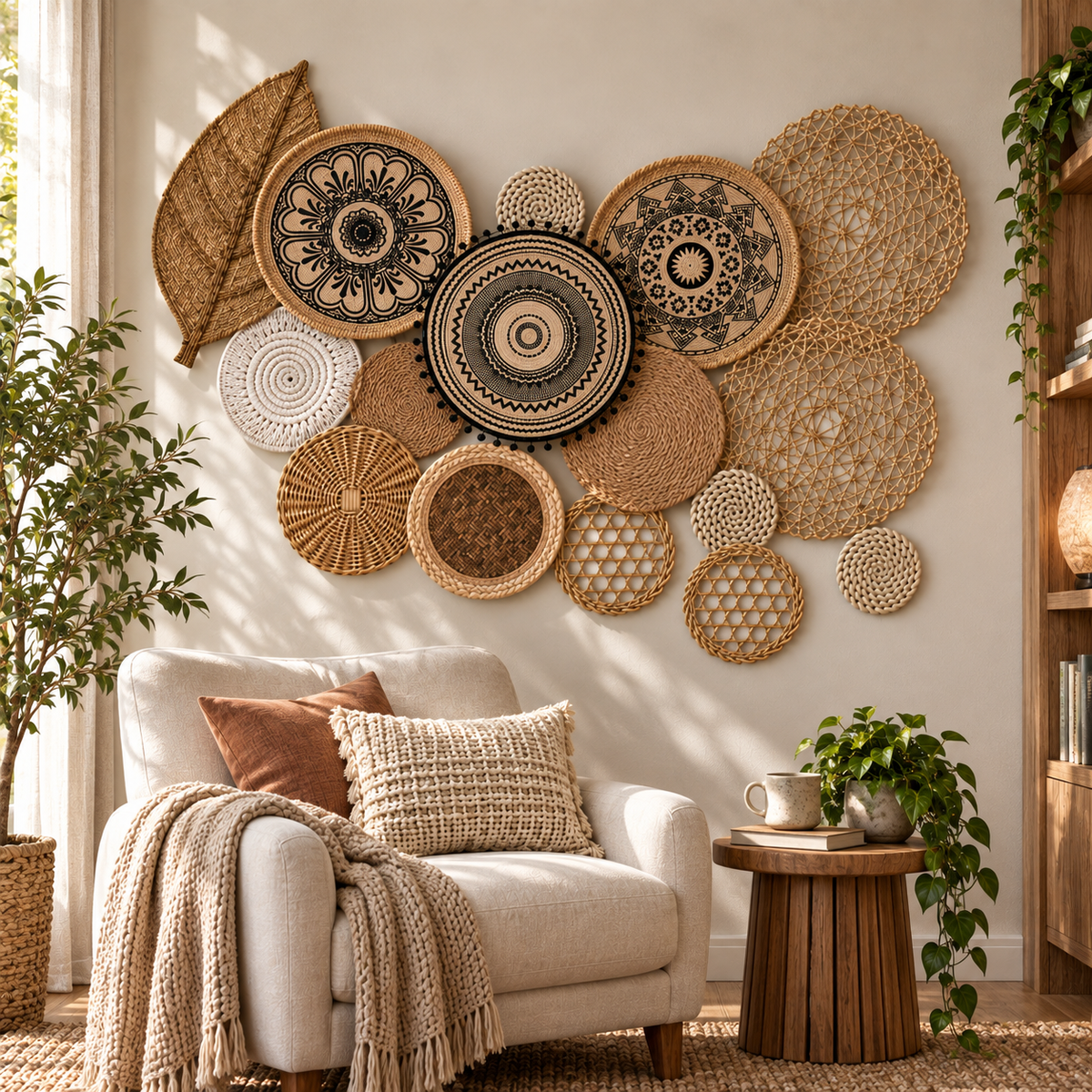 Natural fiber mandala wall decor in a reading corner