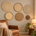 Natural fiber openwork wall decor in a reading corner