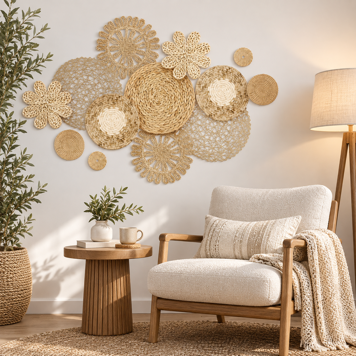 Natural fiber floral wall decor in a reading corner