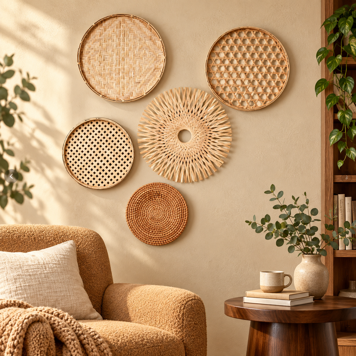 Handwoven natural bamboo wall decor in a cozy reading corner