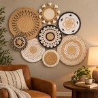 Black white and natural boho wall decor in a reading corner